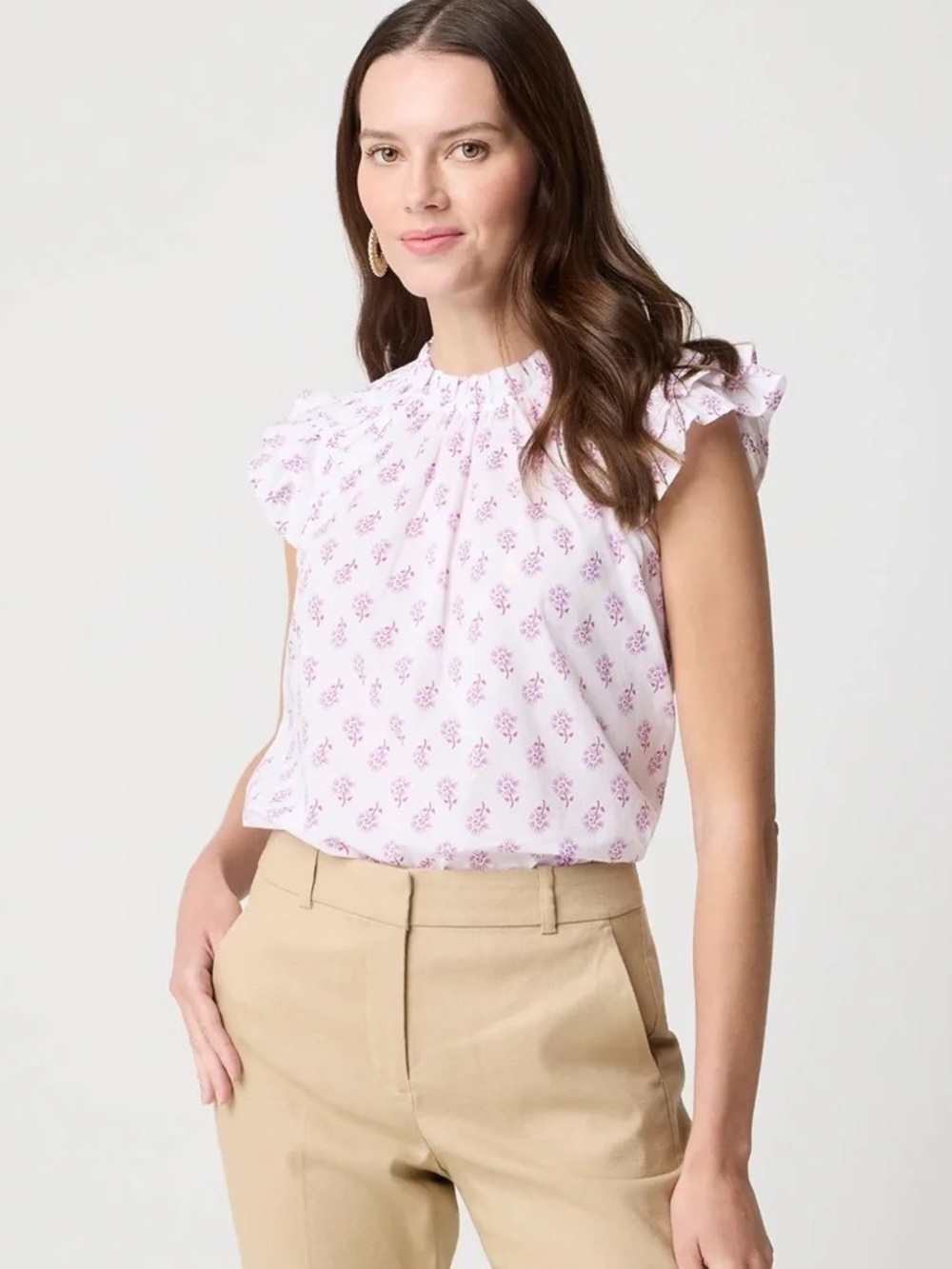 J.Crew Flutter-Sleeve Top in White Violet Storm, Size M